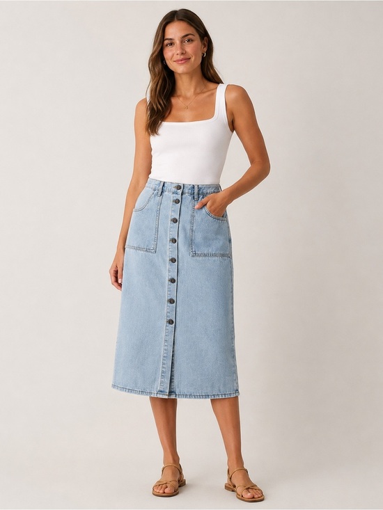 HG Dresses & Skirts - Light Wash Jean Midi Skirt Women’s Size 11/29 Button Front Happily Grey